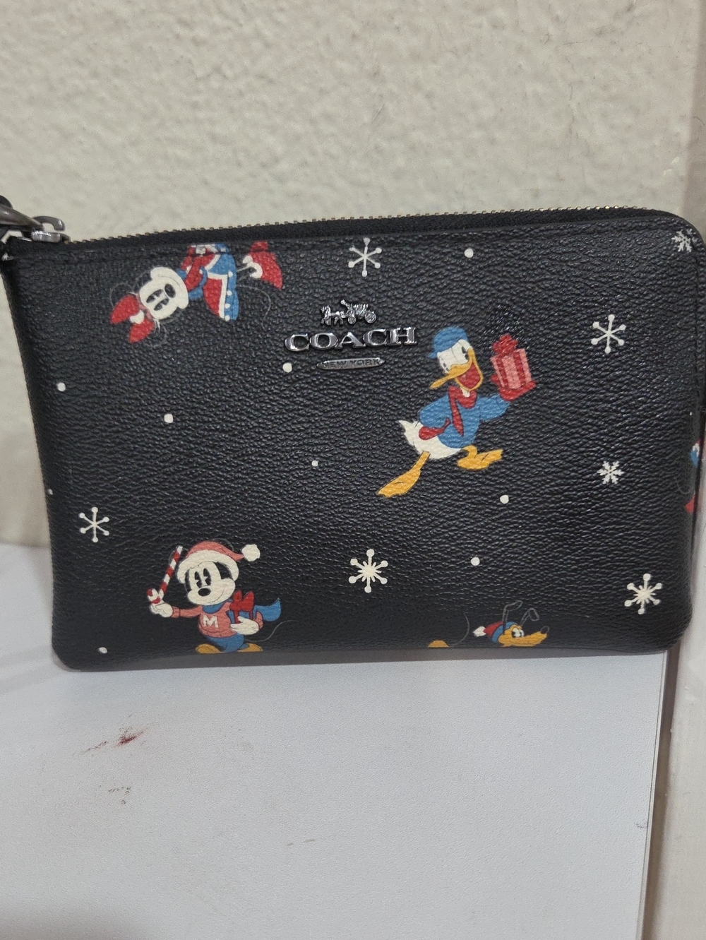 Coach Black Disney Holiday Leather Wristlet with Mickey & Donald Print